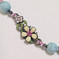 Hand-made Green & Pink Stone Beaded Necklace W/ Enamel Flower W/Rhinestones 1ofK