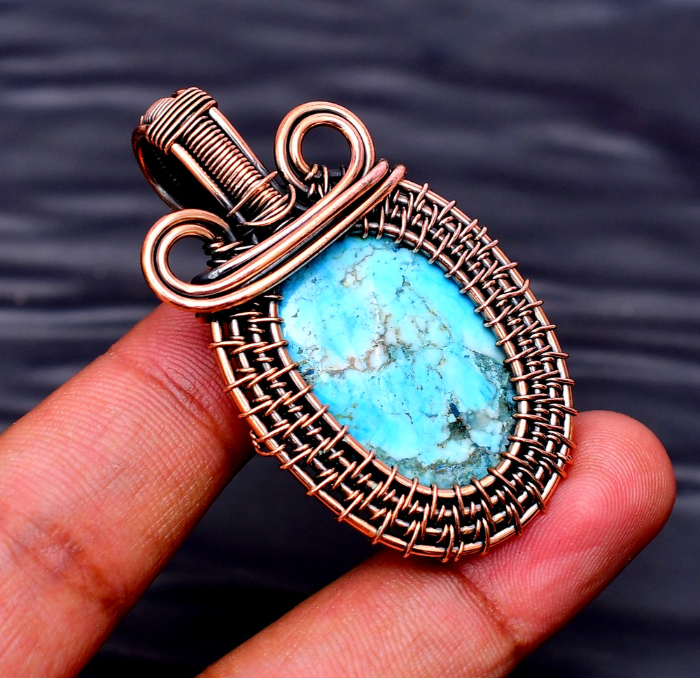 Awesome Turquoise copper wire wrapped Handmade pendant Jewelry 1.77″