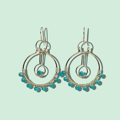 Handmade Turquoise Cat’s Eye Gold Wire Wrap Hoop Dangle Boho Earrings