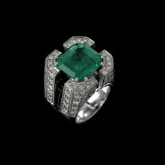 7.35CT Square Colombian Emerald & Clear White CZ Handmade Egyptian Art Deco Ring