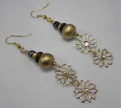 Gold Blue Brown Wooden Beads Flowers Bohemian G.T. 3 1/4″ DROP Hook Earrings