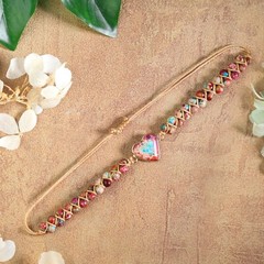 Natural Heart Charm Imperial Jasper Beads Braided Healing Boho String Bracelet