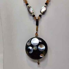 Artisan Black Shell Inlay Pendant Beaded Y Drop Necklace Sterling Silver Clasp