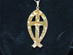 REVERSIBLE BROWN ARTISAN ORIGINAL ENAMEL FISH CROSS NECKLACE PENDANT N9
