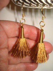2 3/8″ Drop Brass Wire Wrapped Golden Beige Tassel Handmade Gold Plated Earrings