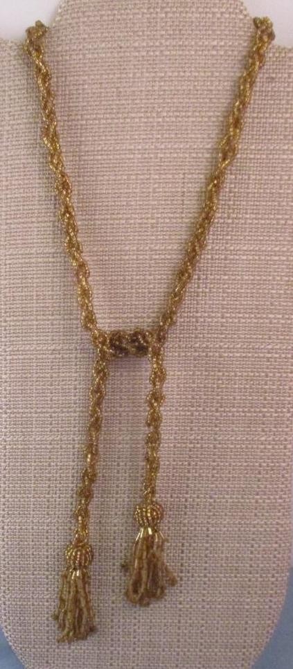 Vintage Gold Glass Seed Bead Necklace Lariat Tassel Flapper Beautiful Quality
