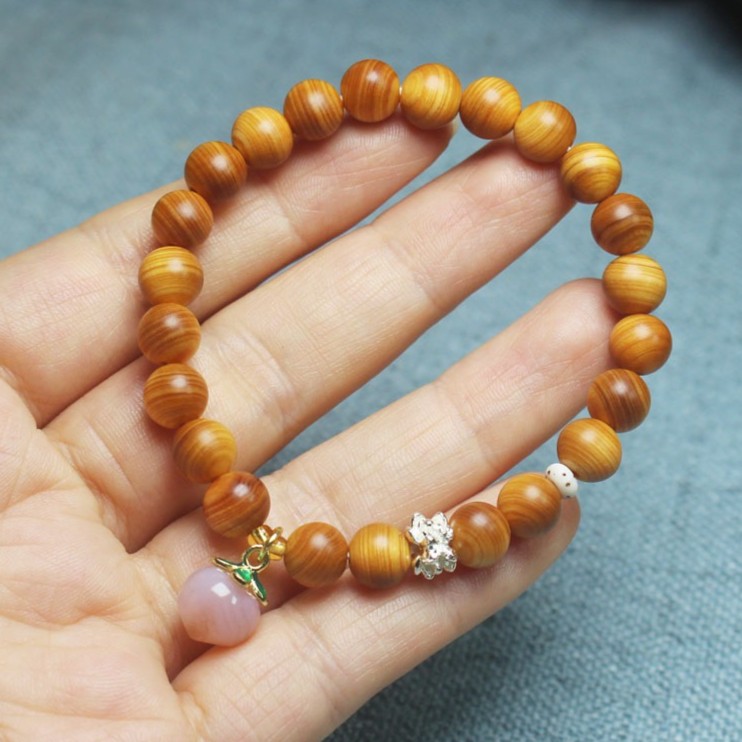 8mm Cypress Wood Bracelet with Pink Peach Pendant—Fashionable Women’s Bracelet