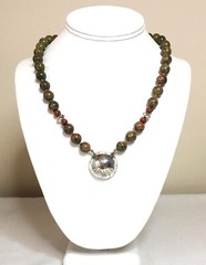 Nat. Unakite, Red Jasper, Ethnic Sterling Silver Handmade necklace, knotted, 19″