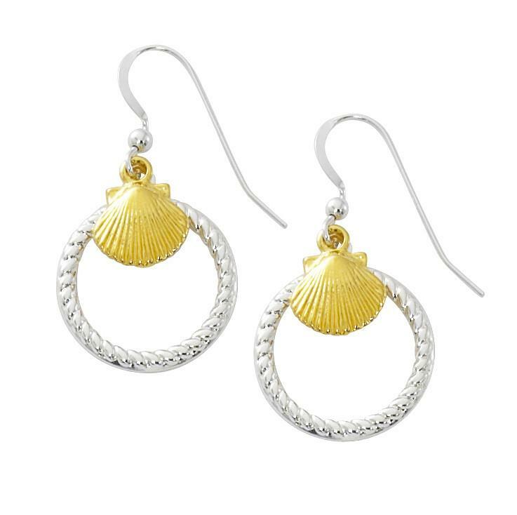 Layered Sterling Over Pewter Scallop Shell with Rope Circle Two Tone Earrings