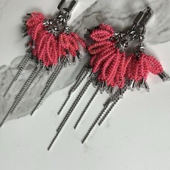 Handcrafted Pink Thread Dangle Earrings, Steel Jewelry