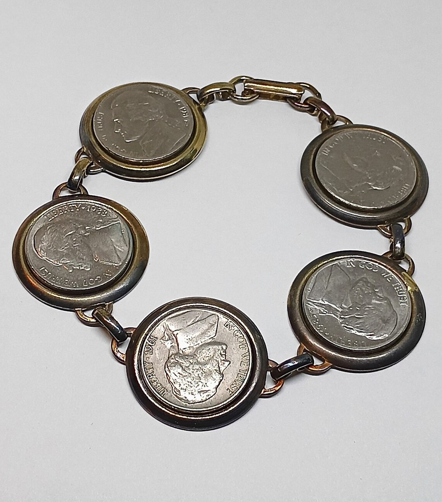 Vintage Coin Bracelet 8” Jefferson Nickel U.S. Money Jewelry