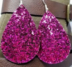 Chunky Fuchsia Glitter Very Sparkly Double Sided FAUX Leather Teardrop Earrings