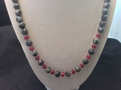 Handmade Indian Black Gray Labradorite & Red Jade Sterling Silver Necklace 21”