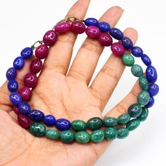 Oval Shape Ruby , Emerald & Sapphire 246 Cts Beaded Womens Necklace AK 09 E546