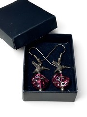 Handmade Red Floral Art Glass Bead Hummingbird Dangle Earrings Yellow Gold Tone