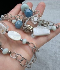 Long textured Link Barse faceted Blue Stones MOP 36” openwork scroll Necklace A9
