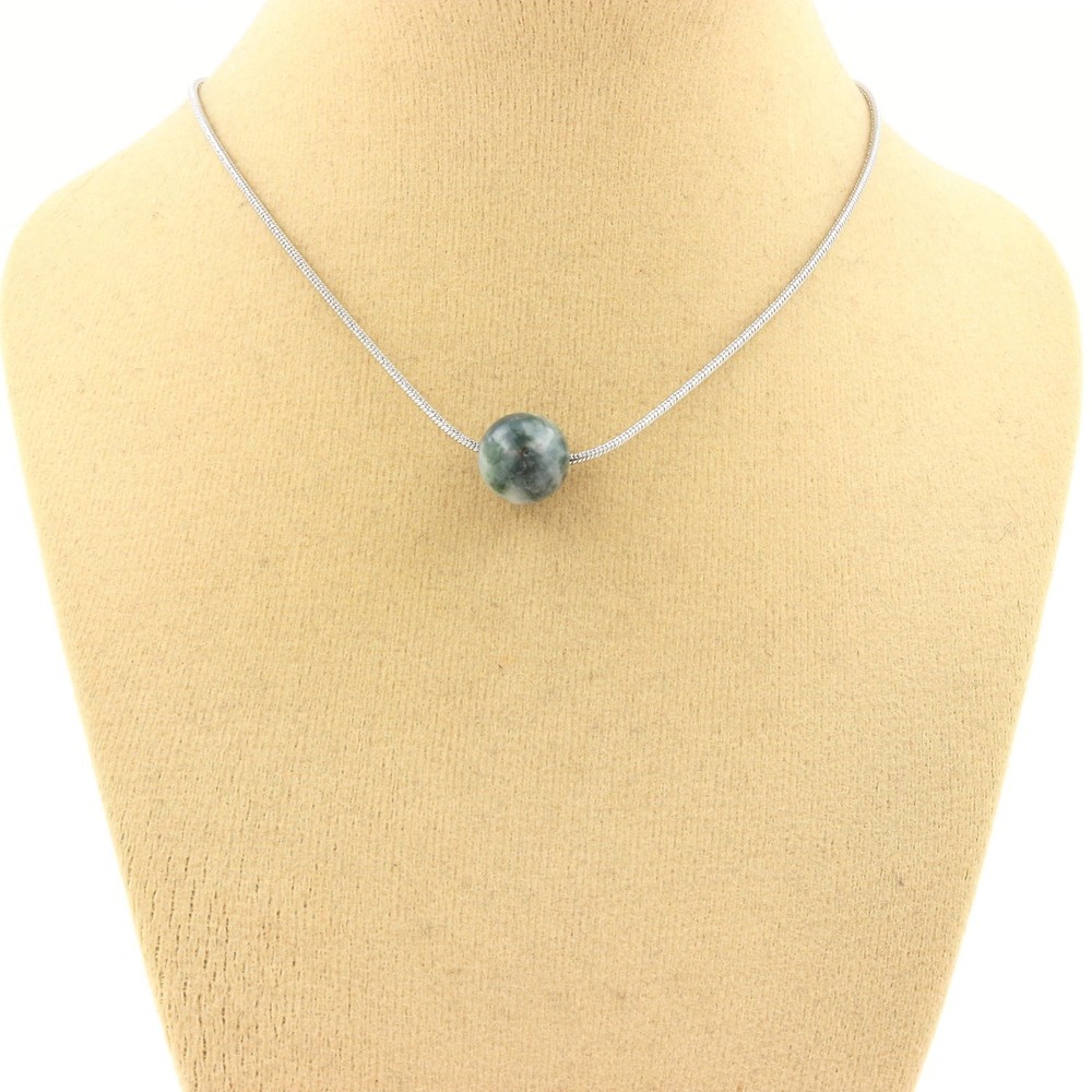 Necklace 1 Indian Agate Pearl 8 Mm. Stainless Steel Chain. Women’s Necklace