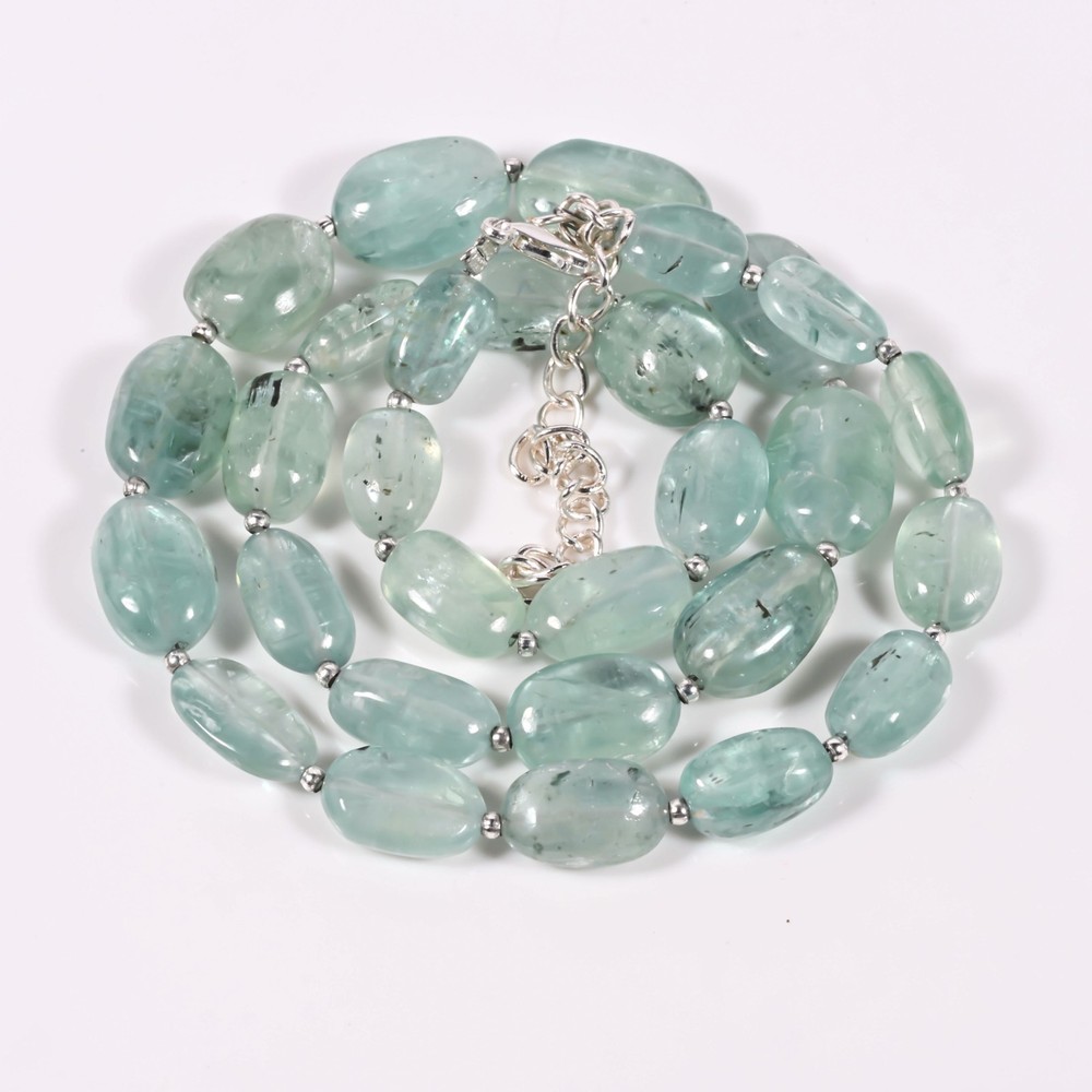 Green Kyanite Tumbled Necklace Natural Gemstone Silver Tone 16 Inch