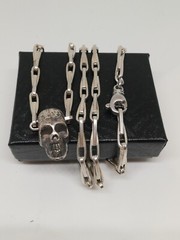 .925 Solid Silver Oxidized Skull Pendant and Bones Chain New.