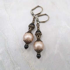 Handmade Champagne and Black Faux Pearl Victorian Style Filigree Drop Earrings