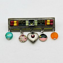 Signed Adaya Israel Artisan Brooch Mixed Media Beads Charm Dangles Handmade