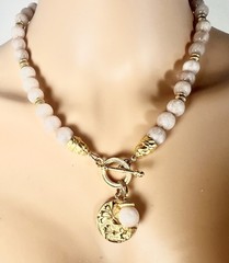 Gold Medallion Pendant Necklace Round Peach/Pink Jade Beads w/ Gold Toggle Clasp