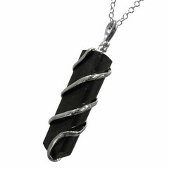 Black Tourmaline Spiral Wire Wrap Pendant Point Chakra Crystal Silver Necklace