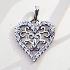 Vintage sterling silver filigree heart charm, 925 pendant with cluster Cz