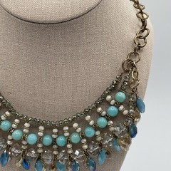Artisan Gold Tone Chain Teal Blue Crystal & Acrylic Beaded Bib Fashion Necklace