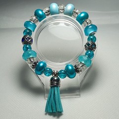 Turquoise & Silver Glass Beaded Stretch Bracelet, Tassel & Dangle Charm