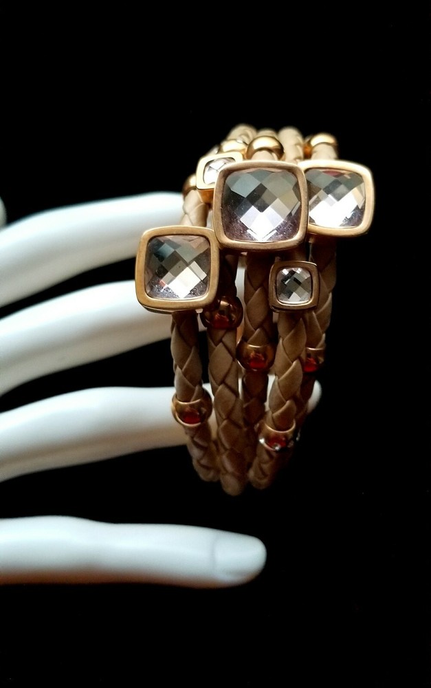 Designer Follie Follie Bracelet Faceted Rhinestone Leather Rose Gold Beads