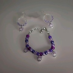 Handmade Kittens Bracelet New Multi-Color 9in Beaded Dangle Earrings Set