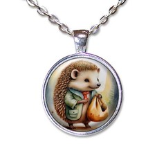Sweet Hedgehog with Sack – Handmade ROUND Glass Pendant Necklace