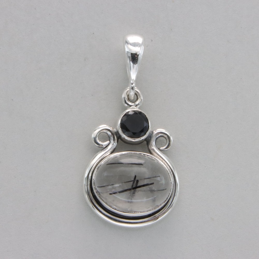 Oval RUTILATED QUARTZ and Black Onyx Pendant – 925 STERLING SILVER #6e