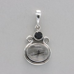 Oval RUTILATED QUARTZ and Black Onyx Pendant – 925 STERLING SILVER #6e