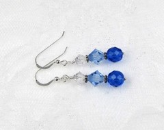 Blue Crystal Earrings, Antique-silver-plated Pewter, Sterling 925, Gift Box