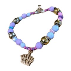 Handmade Elastic Bracelet-6.75 in-Plastic w/Rhinestone Spacers-2 Goldtone Charms