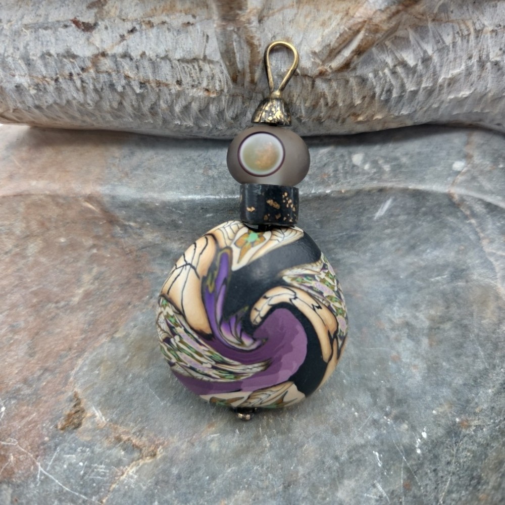 Handmade Mosaic Polymer Clay Pendant Purple Black Beige Brown 2.5”