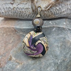 Handmade Mosaic Polymer Clay Pendant Purple Black Beige Brown 2.5”