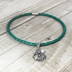Emerald Green 6mm Bolo Chord w Silver Pewter Chinese Dragon, Rainbow Moonstone