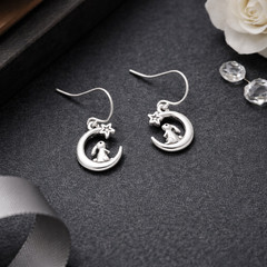 Silver Bunny Moon & Star Charm Earrings – SOLID 925 Sterling Silver Ear Wires