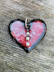 Red And Black Heart Pendant Glass Enameled Copper Handmade red and black jewelry