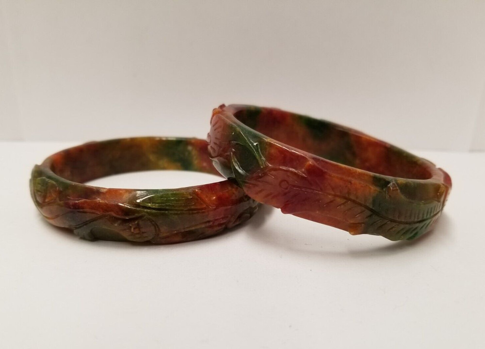 Two Carved Leaf Red Brown Green Jade Bangle Bracelets I.D. 60mm W. 6mm H. 15mm