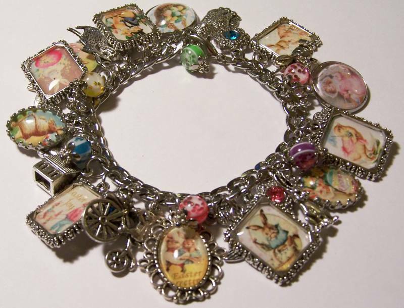Victorian Easter Theme Charm Bracelet Hand Crafted Glass Dome