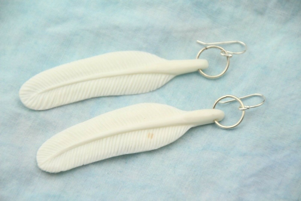 Bone Feather Earrings Hand Carved White 925 Sterling Silver 3 1/4″ Feathers