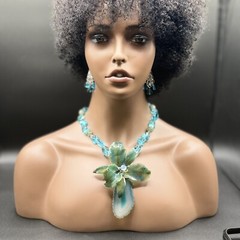 NATURAL GREEN BLUE ORCHID FLOWER AGATE STONE PENDANT NECKLACE ER SET IN SILVER