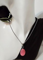 Pink Dyed Agate Quartz Gemstone Teardrop Necklace Silver-Tone Rolo Chain Boho