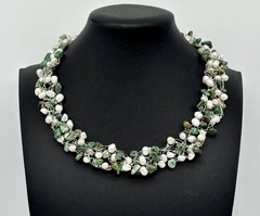 Artisan-Made Collar Necklace .999 Fine Silver W/Jade Chips And Freshwater Pearls