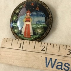 Slavic Russian Woman w/Bread & Salt Hand Painted Laquer Pin/brooch