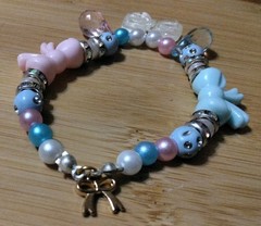 Handmade 6in Elastic Bracelet-Plastic, Polymer, Rhinestone Spacers-3 Bow Charms.